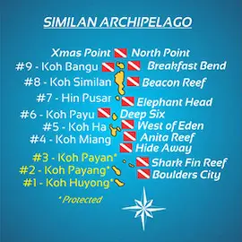 Map of the dive sites of the Similan archipelago