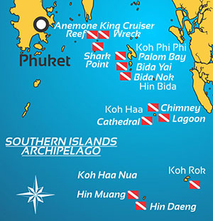 Mapa de los sitios: Hin Daeng, Hin Muang, Koh Haa, Koh Phi Phi, Shark Point