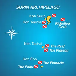 Map of the dive sites of Koh Bon, Koh Tachai, Richelieu Rock and the Surin Islands