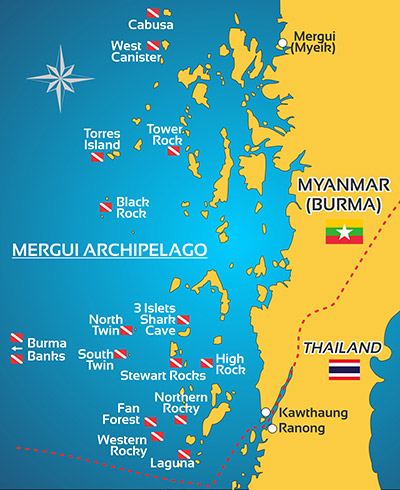 Plongée au Myanmar en Birmanie - Carte des Meilleurs Sites et Itinéraires de Plongée - Archipel des Mergui High Rock Black Rock