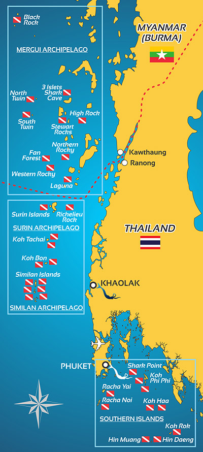 Nuestra carta de los mejores sitios y lugares de buceo en Tailandia desde Khao Lak y Phuket para explorar el Mar Andaman al archipiélago Mergui Myanmar Birmania, Islas Similan, Richelieu Rock, Islas Surin y Hin Daeng Hin Muang Sur de Phuket