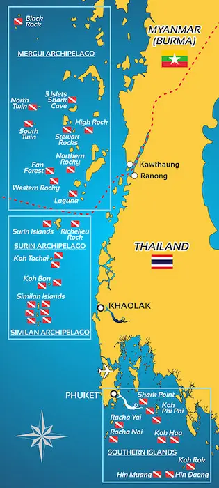 Diving Thailand and Burma from Khao Lak and Phuket in the Andaman Sea: map of dive sites